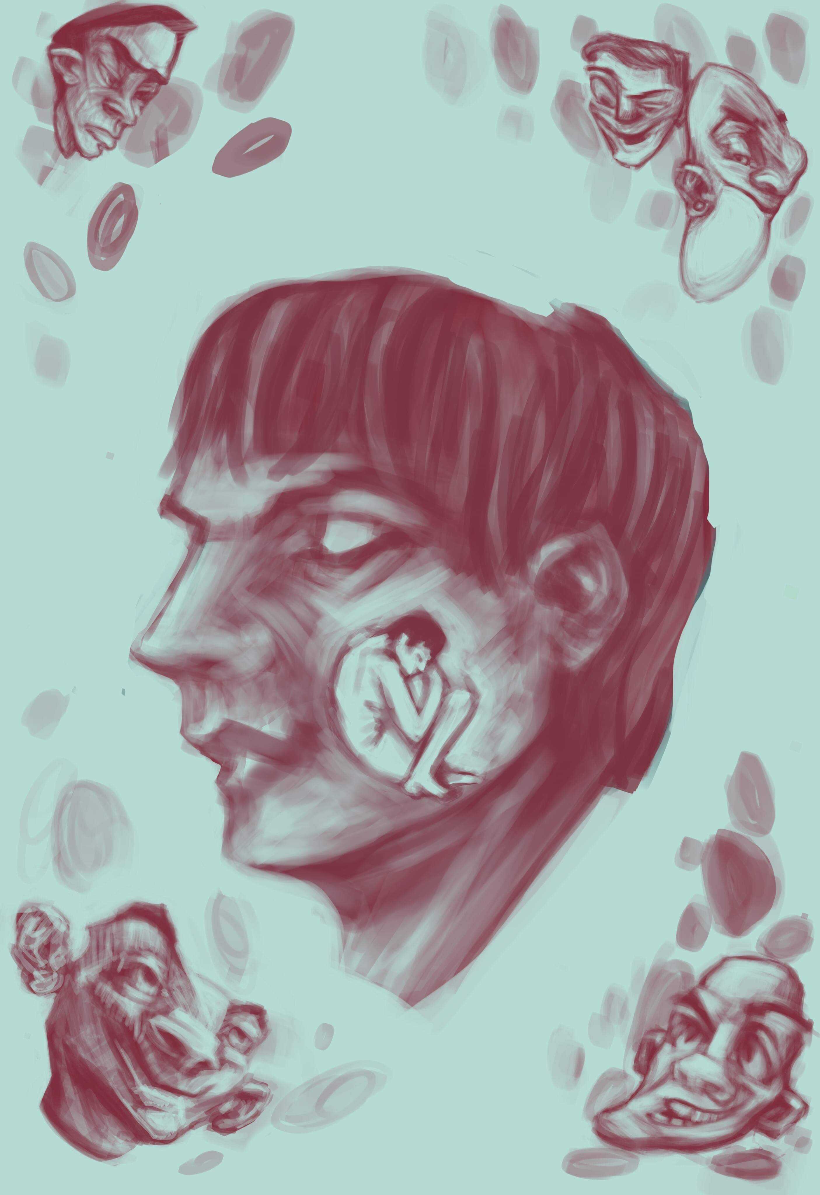 Imagine cu fundal verde, chip central in tonuri de mov cu ochii inchisi